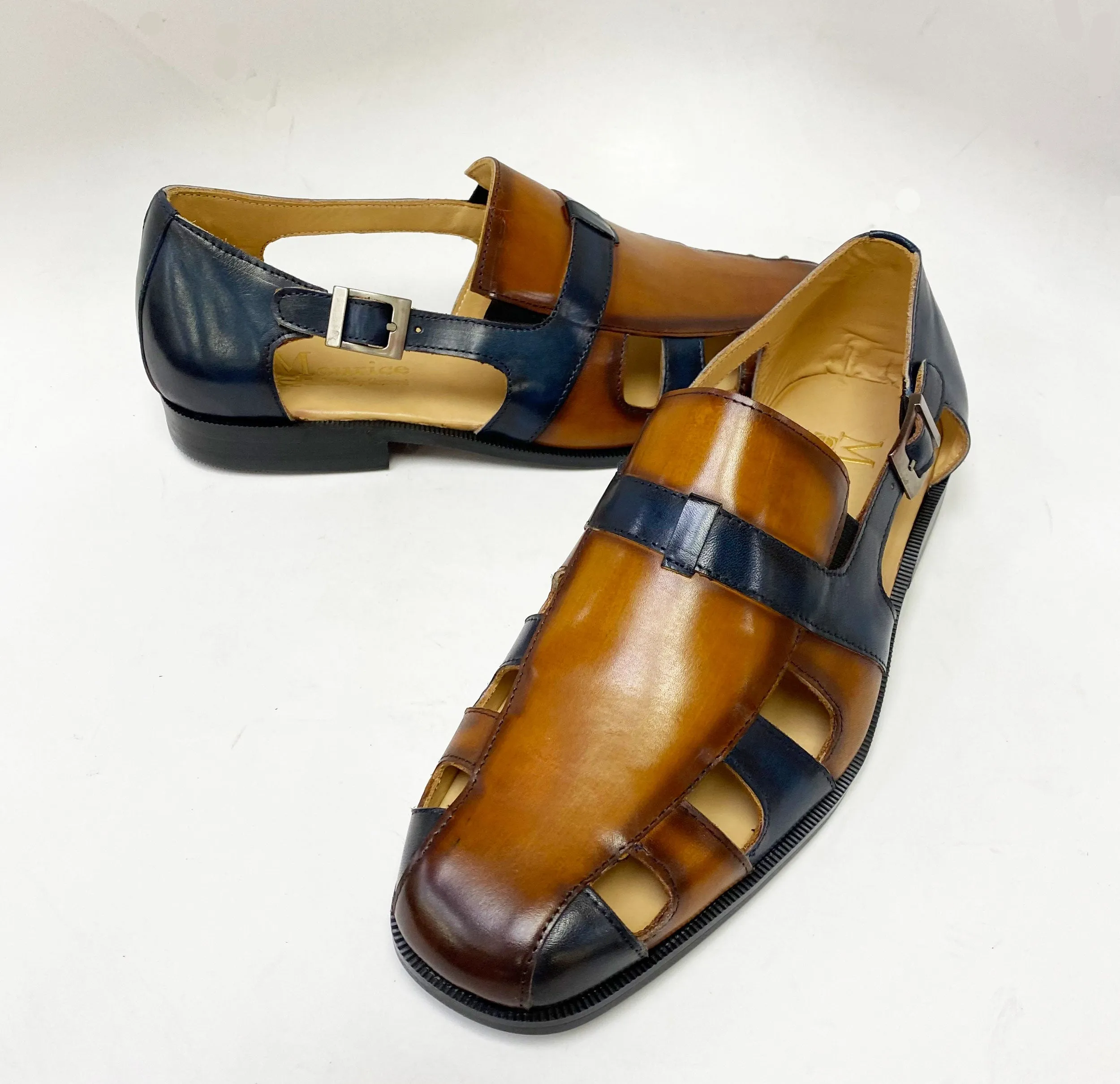 Maurice Calfskin Slip-On Sandal/Shoe Cognac/Navy lightweight fabric Ring Walk