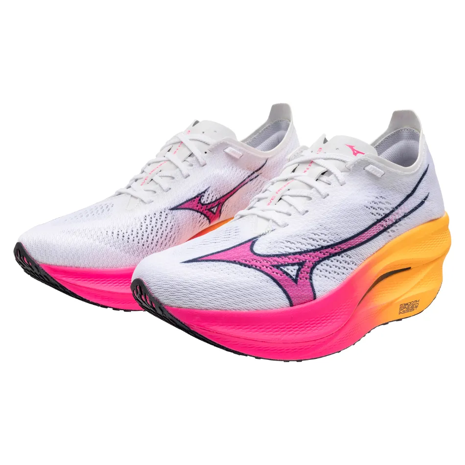 Mizuno Unisex Wave Rebellion Pro 3 Running Shoes in White/Pink Tetra/Tang Orange AW25 Comfort Zone NarrowFit
