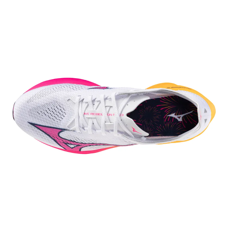 royal - event running wear Mizuno Unisex Wave Rebellion Pro 3 Running Shoes in White/Pink Tetra/Tang Orange AW25