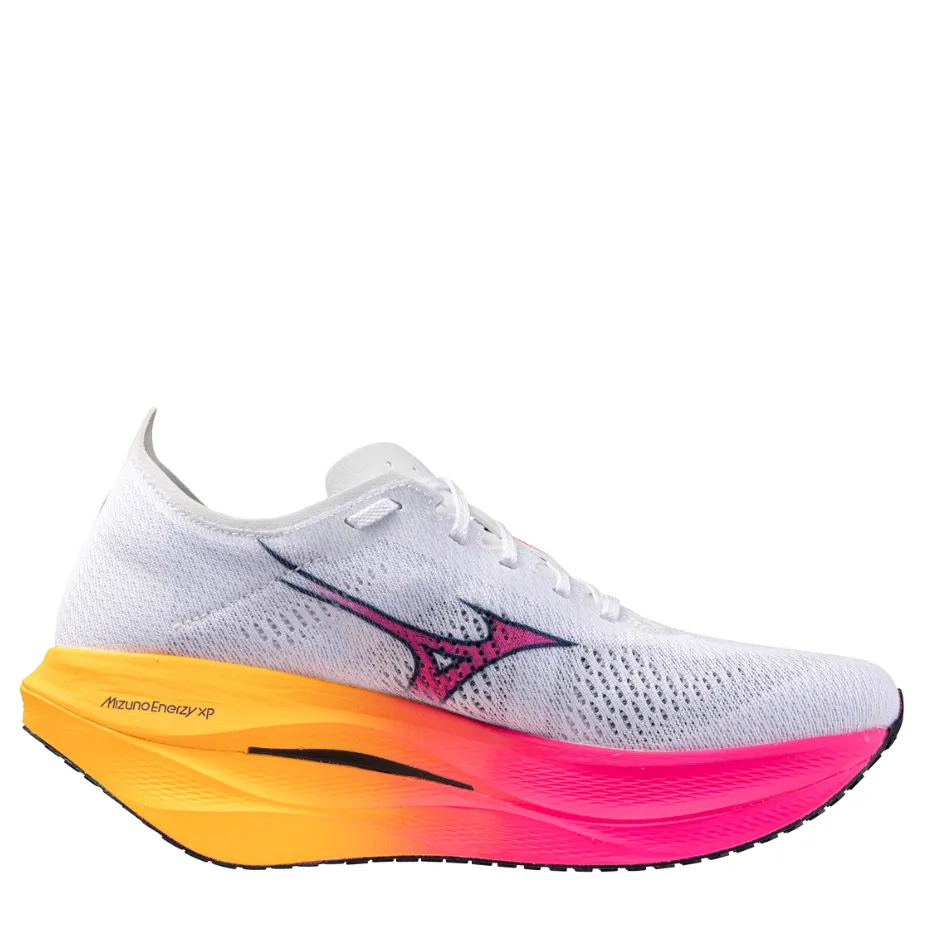 Mizuno Unisex Wave Rebellion Pro 3 Running Shoes in White/Pink Tetra/Tang Orange AW25 TpuMidsole heel support shoes
