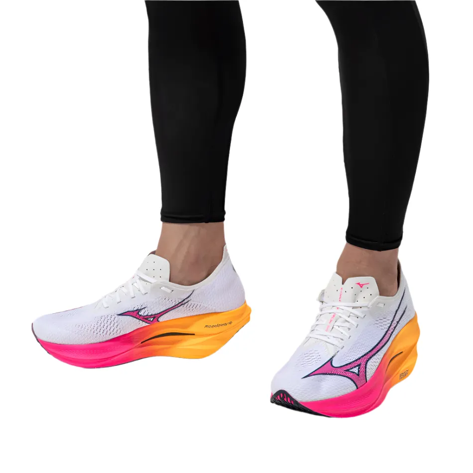Mizuno Unisex Wave Rebellion Pro 3 Running Shoes in White/Pink Tetra/Tang Orange AW25 Secure Traction synthetic strength