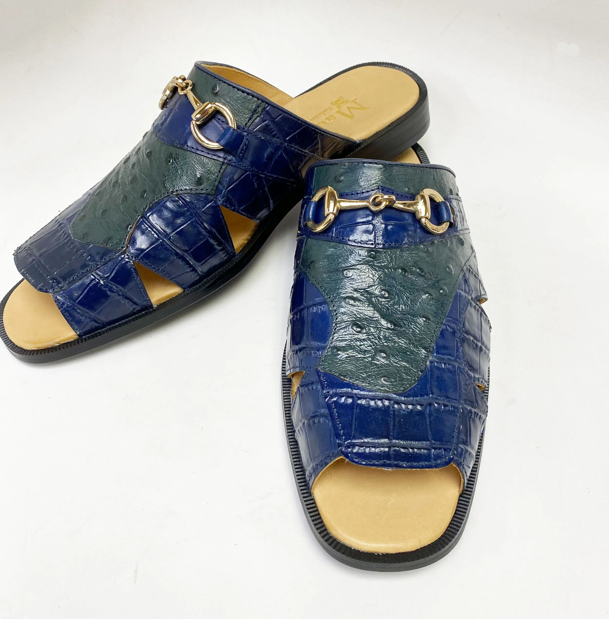 Maurice Embossed Calfskin Slip-On Sandal Navy Breathable synthetic leather