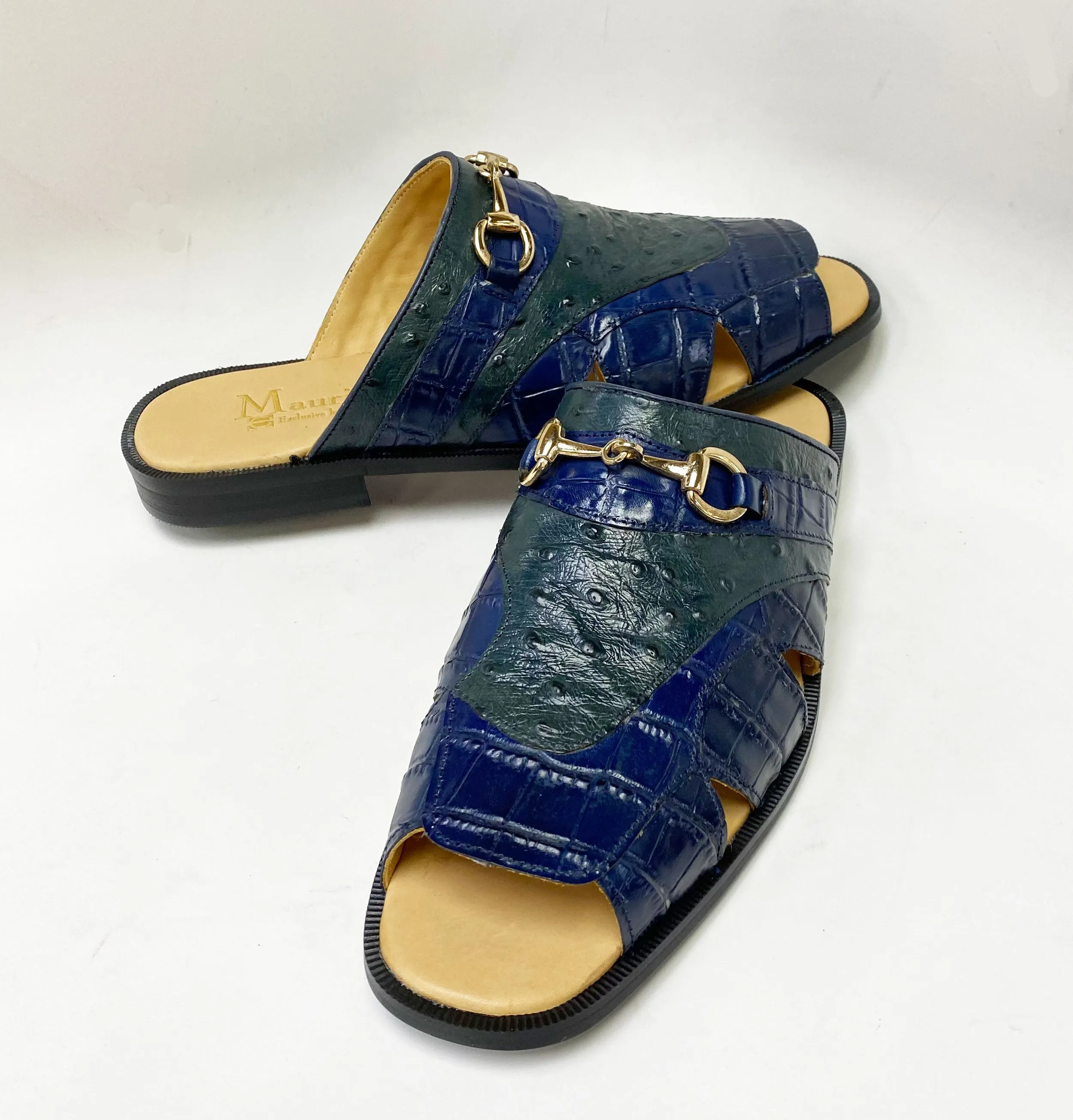 Comfort Padding Cross Road Maurice Embossed Calfskin Slip-On Sandal Navy