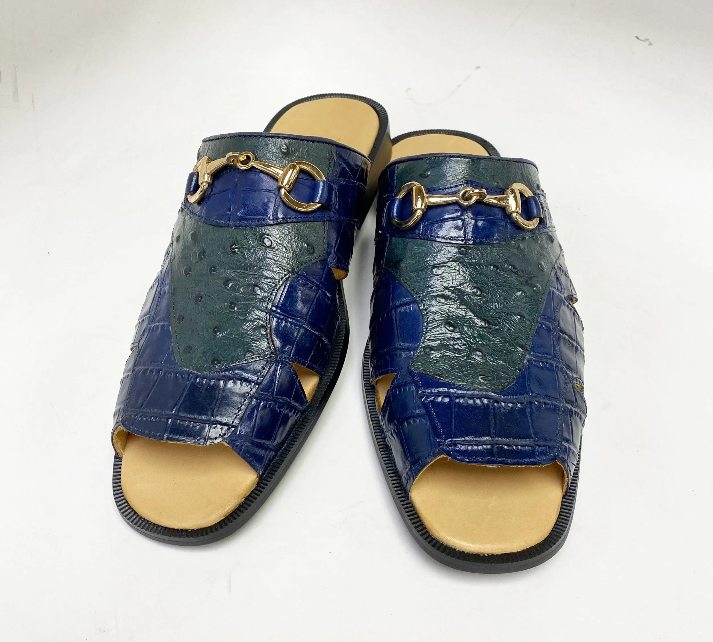 Greek Ease Classic Maurice Embossed Calfskin Slip-On Sandal Navy