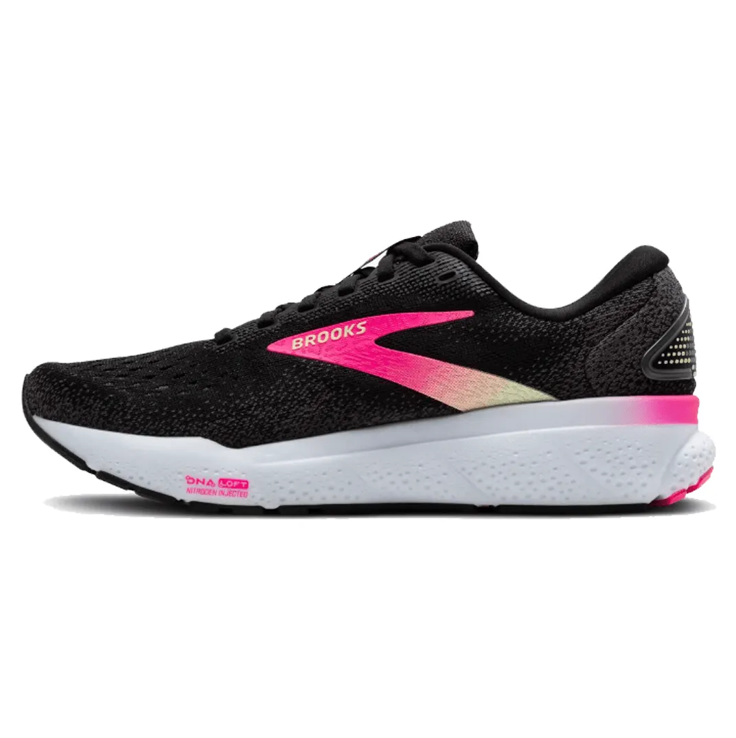 Brooks Women's Ghost 16 Running Shoes in Black/Pink/Yellow AW24 running in a relay race beginner - friendly