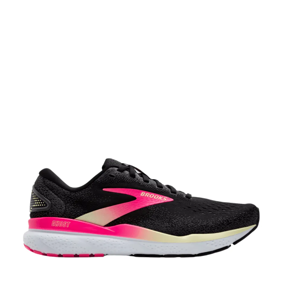 Shock absorbing midsole Brooks Women's Ghost 16 Running Shoes in Black/Pink/Yellow AW24