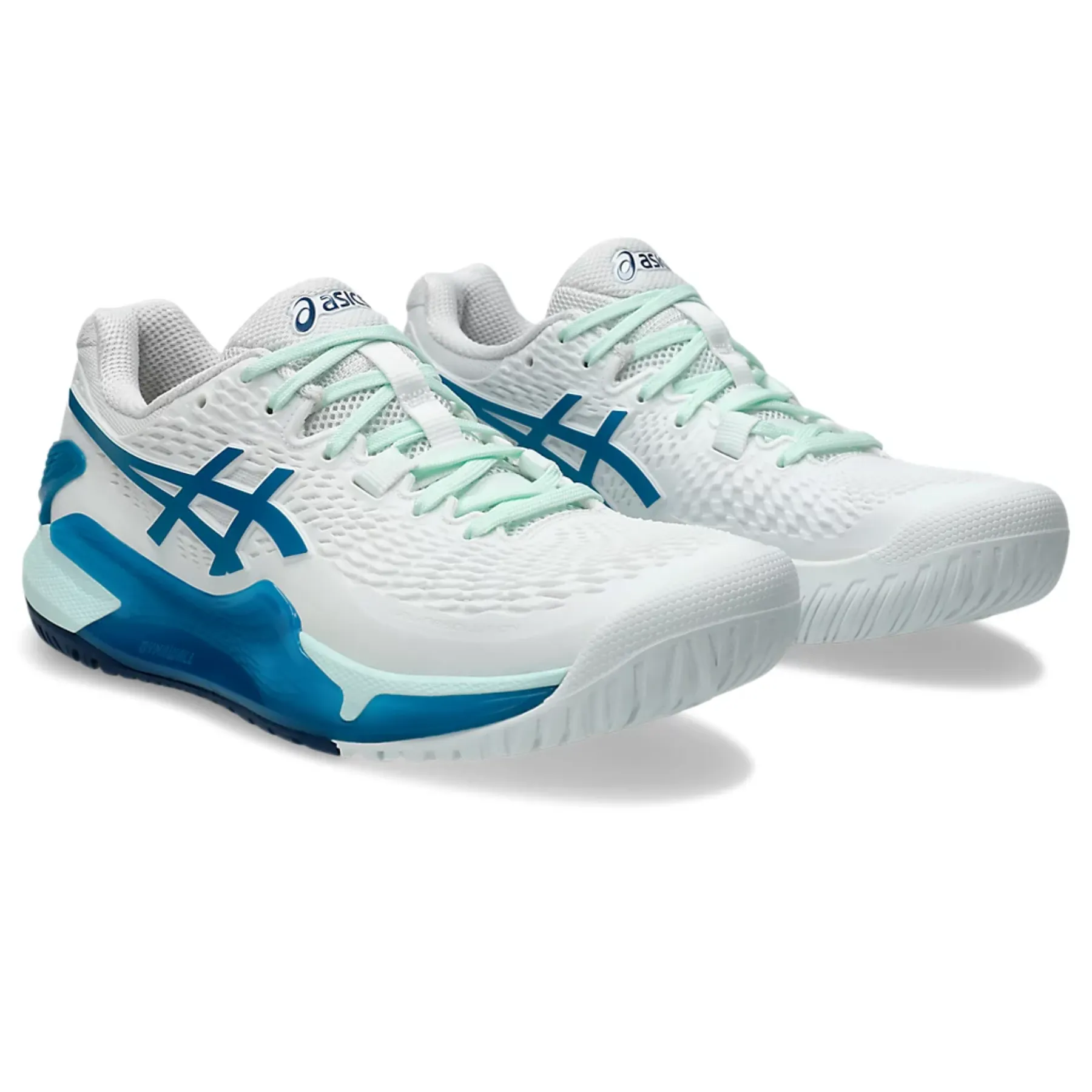 Streamlined Fit Asics Gel-Resolution 9 Women Tennis Shoes - White/Teal Blue