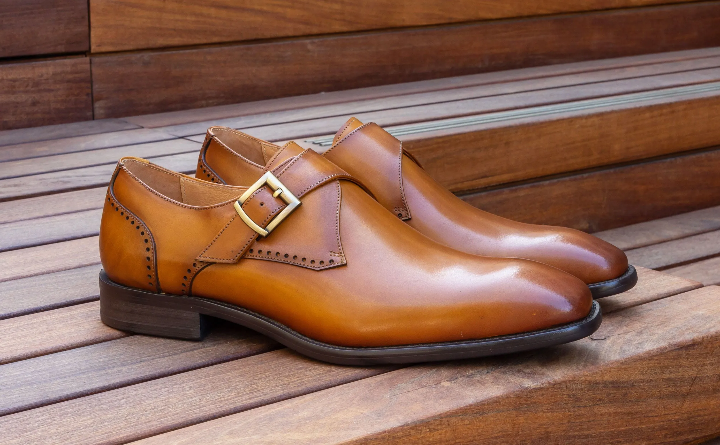 Royal Ceremony Command Style Burnished Leather Monkstrap Cognac