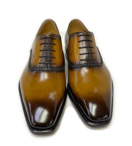 Urban Sleek Padded Tongue "Daniel" Burnished Calfskin Lace-Up Oxford Caramel