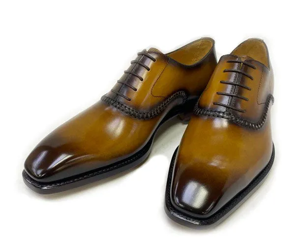 Versatile "Daniel" Burnished Calfskin Lace-Up Oxford Caramel