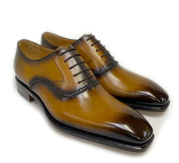 Durable outsole "Daniel" Burnished Calfskin Lace-Up Oxford Caramel