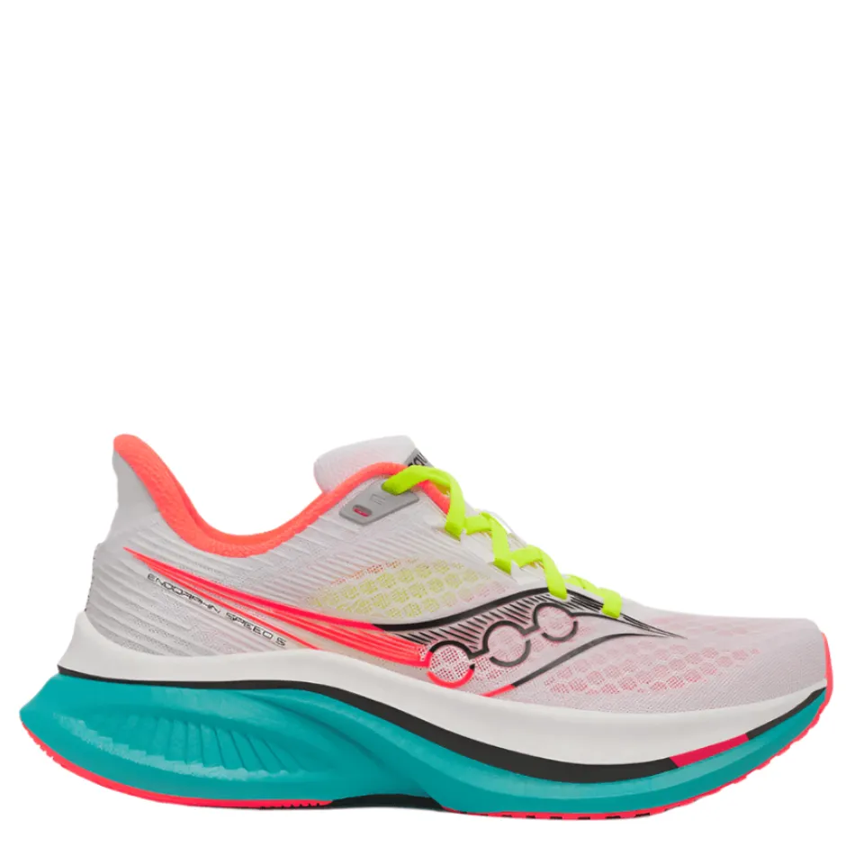 Saucony Women's Endorphin Speed 5 Running Shoes in White/Mutant AW25 spring use running in a Pilates studio shoes