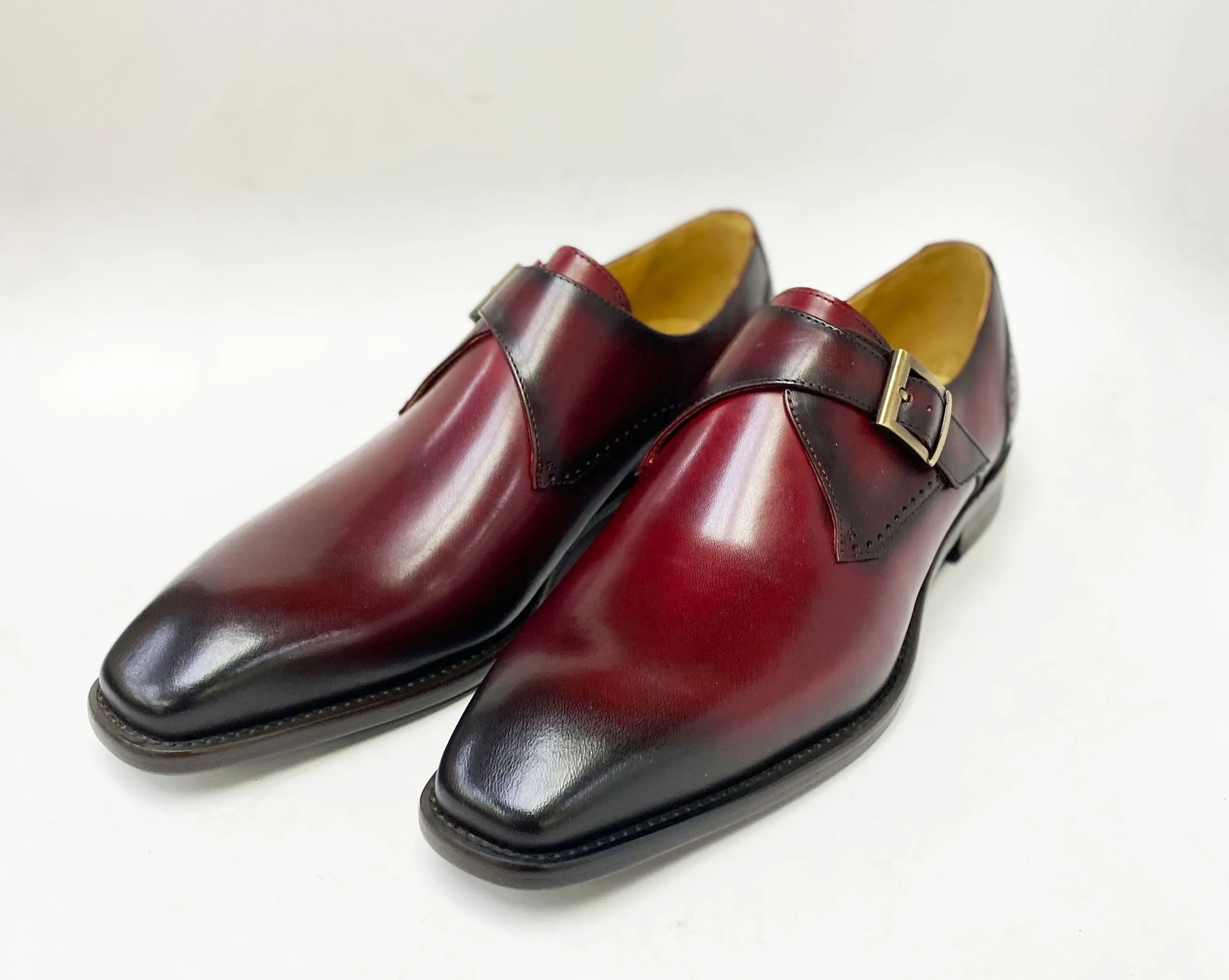 Burnished Leather Monkstrap Burgundy Fine Craftsmanship Bold Profile
