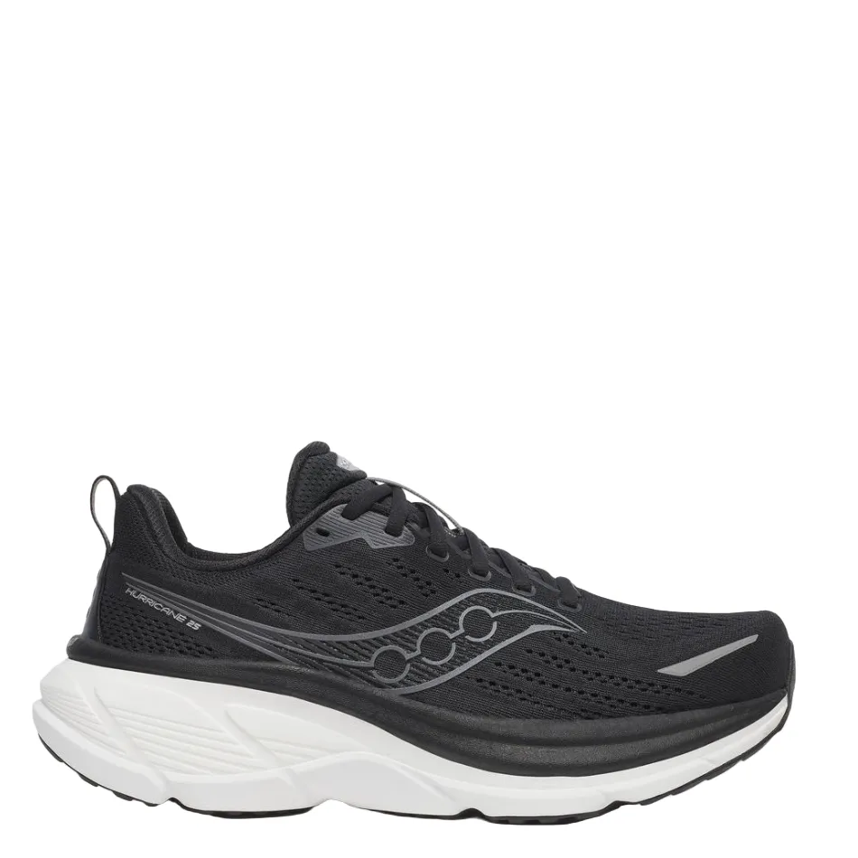 Saucony Men's Hurricane 25 Running Shoes in Black/White - Online Exclusive Recovery Gear Flex Traction