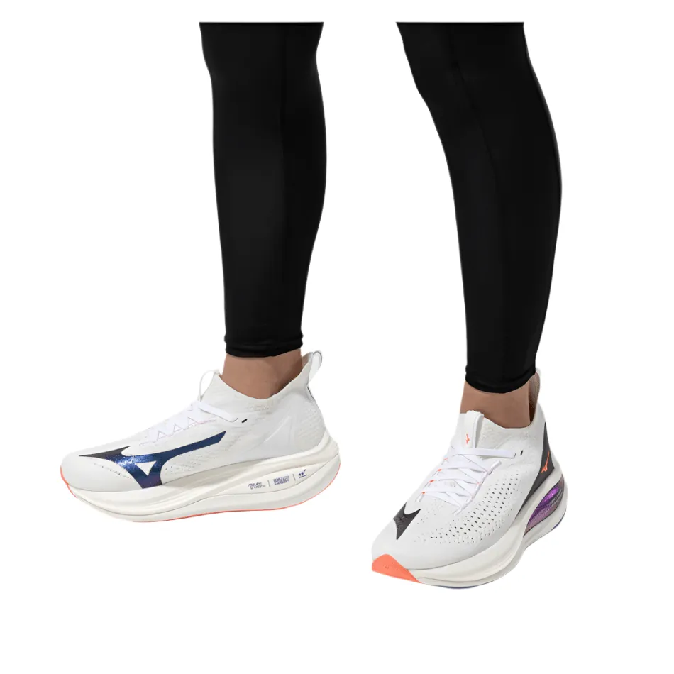 high - arched foot shoe adjustment retro look Mizuno Women's Neo Vista 2 Running Shoes in White/Striking Coral/Iris Bloom AW25