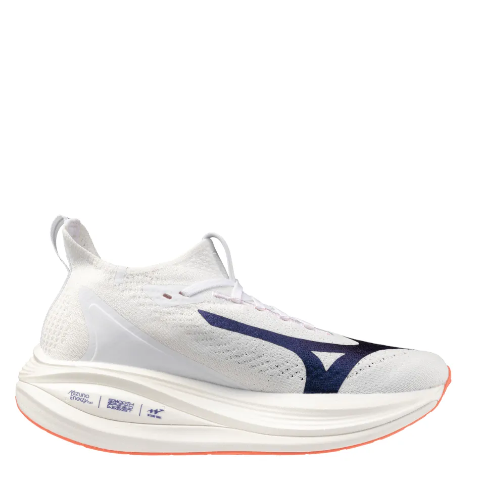 running in an obstacle course race Mizuno Women's Neo Vista 2 Running Shoes in White/Striking Coral/Iris Bloom AW25
