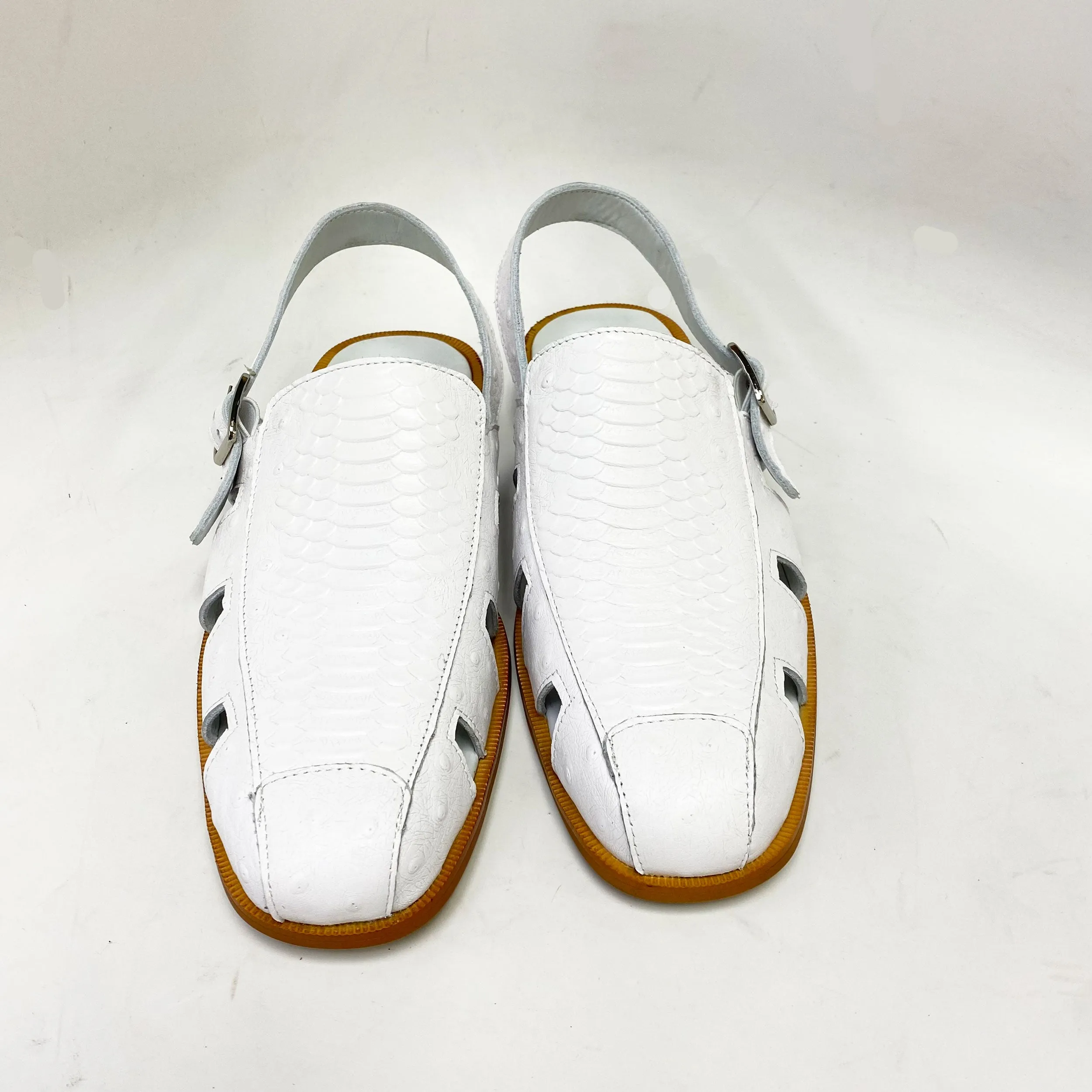 Queen Touch Maurice Embossed Calfskin Slip-On Back-Strap Sandal White
