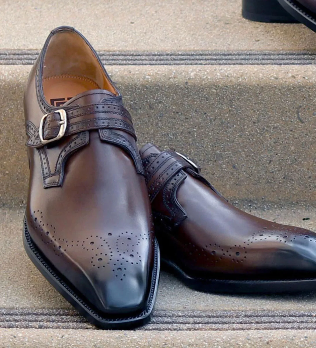 "Eric" Burnished Calfskin Monkstrap Shoe Brown Toe Fit