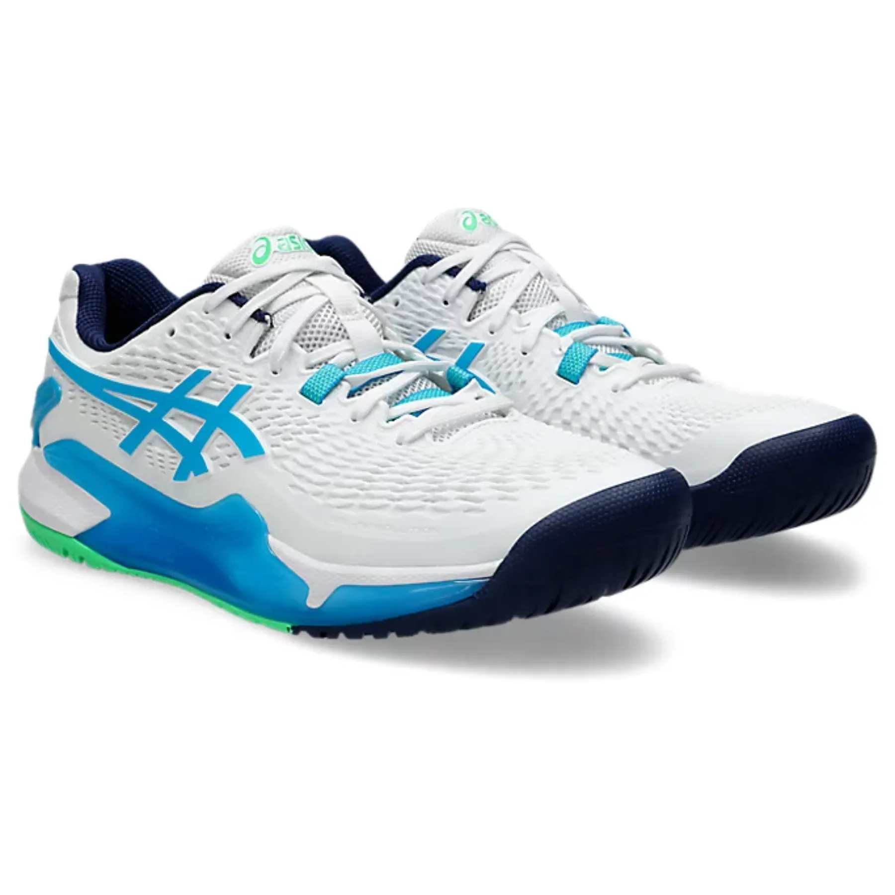 Multi Directional Flexibility Good Traction Asics Gel-Resolution 9 Men Tennis Shoes - White/Digital Aqua