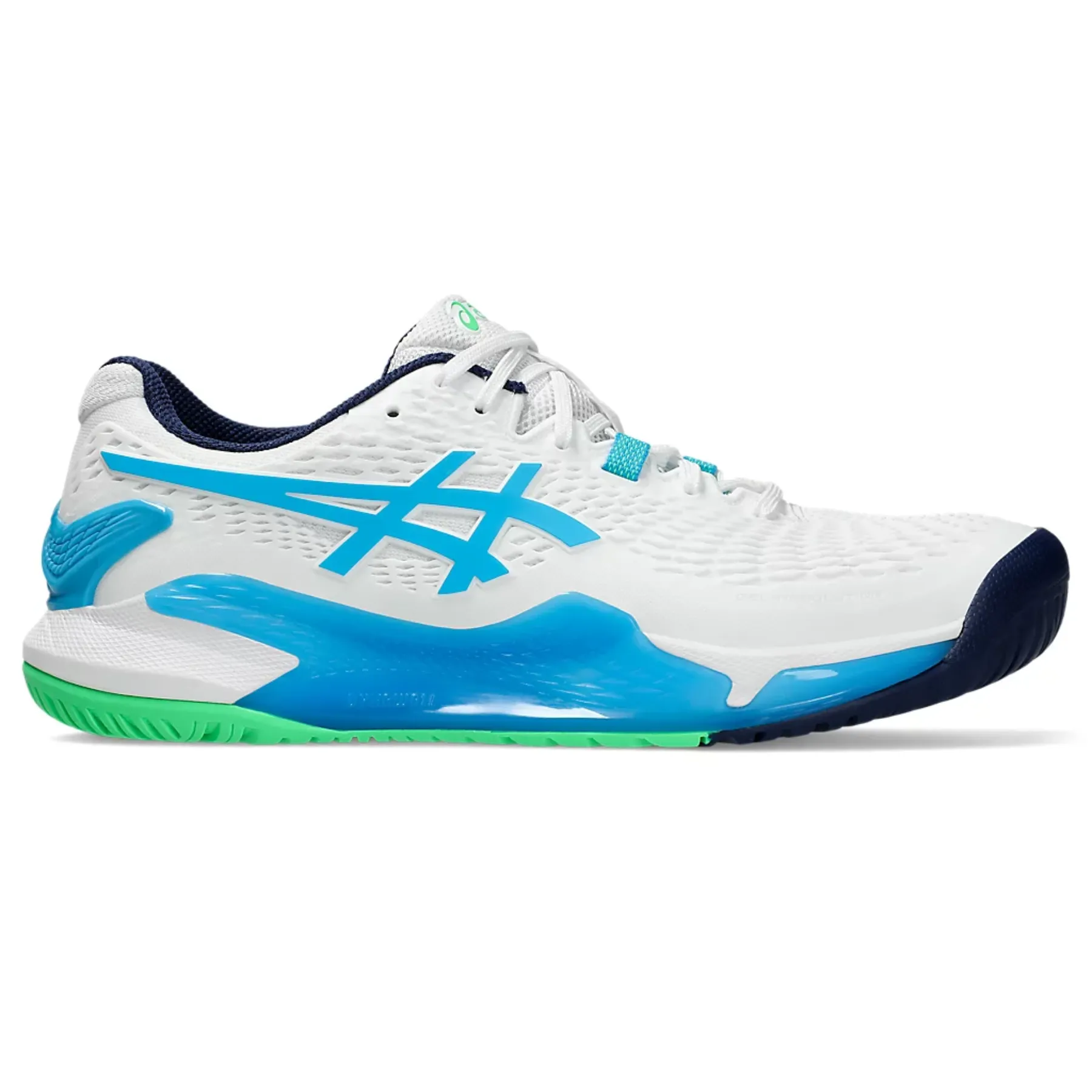 Asics Gel-Resolution 9 Men Tennis Shoes - White/Digital Aqua Agile Step Ventilated Sides