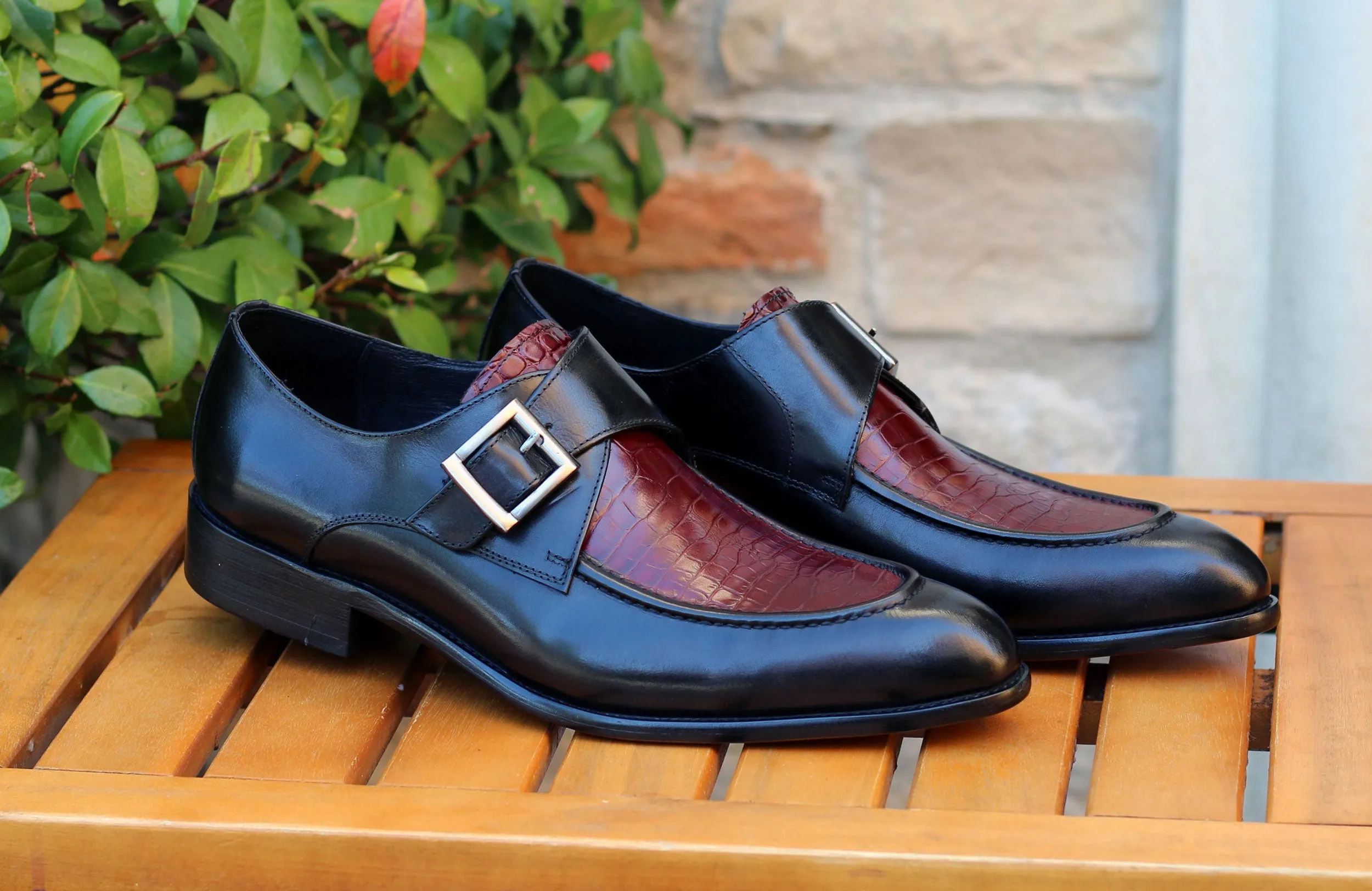 Calfskin Slip-On Spectator Monkstrap Shoe Black/Burgundy Korean Sleek