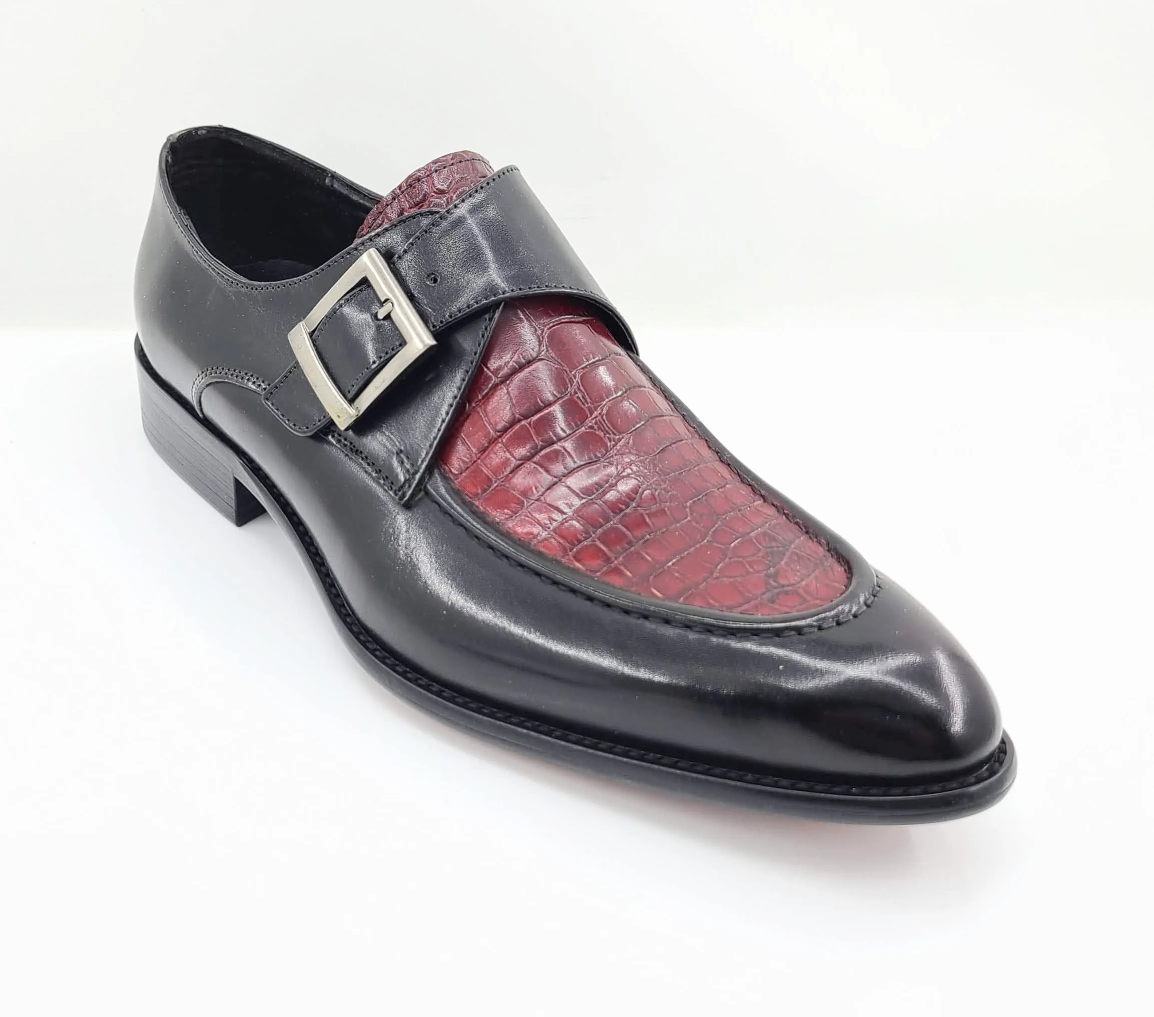 Quiet Class Executive Sharp Calfskin Slip-On Spectator Monkstrap Shoe Black/Burgundy