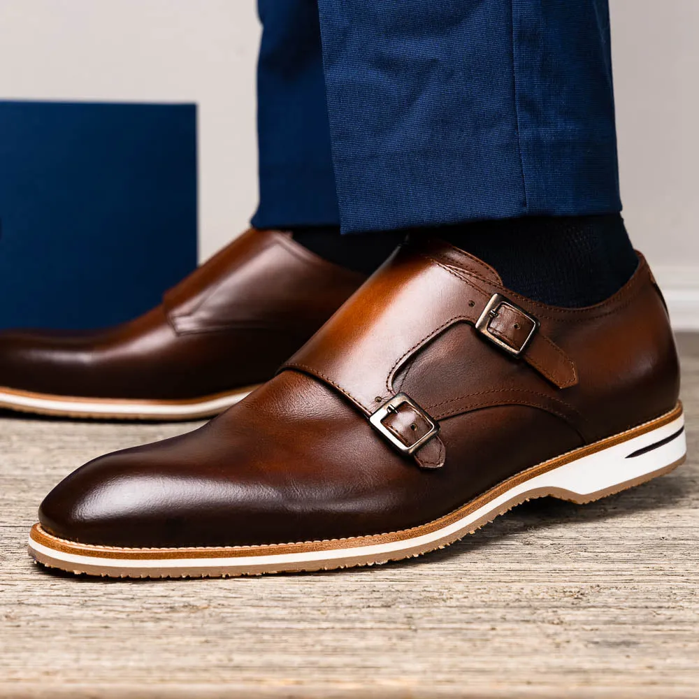 55-103-BRN LEGERRA Hand Burnished Italian Calfskin Monkstrap, Brown Prime Move Soft Tone