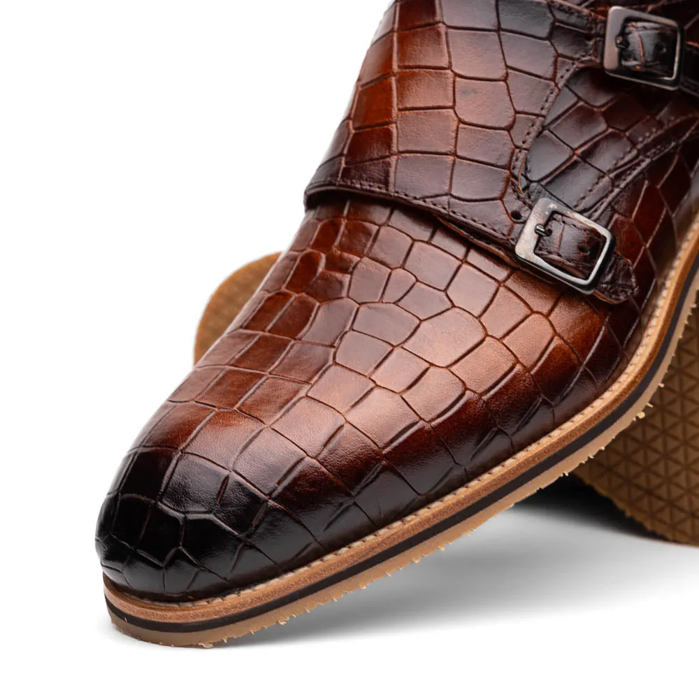 Summer cool 55-112-CGN LEGERRA Hand Burnished Crocodile Print Monkstrap Cognac
