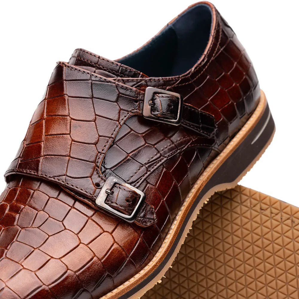 55-112-CGN LEGERRA Hand Burnished Crocodile Print Monkstrap Cognac Detail Craft Mesh Air