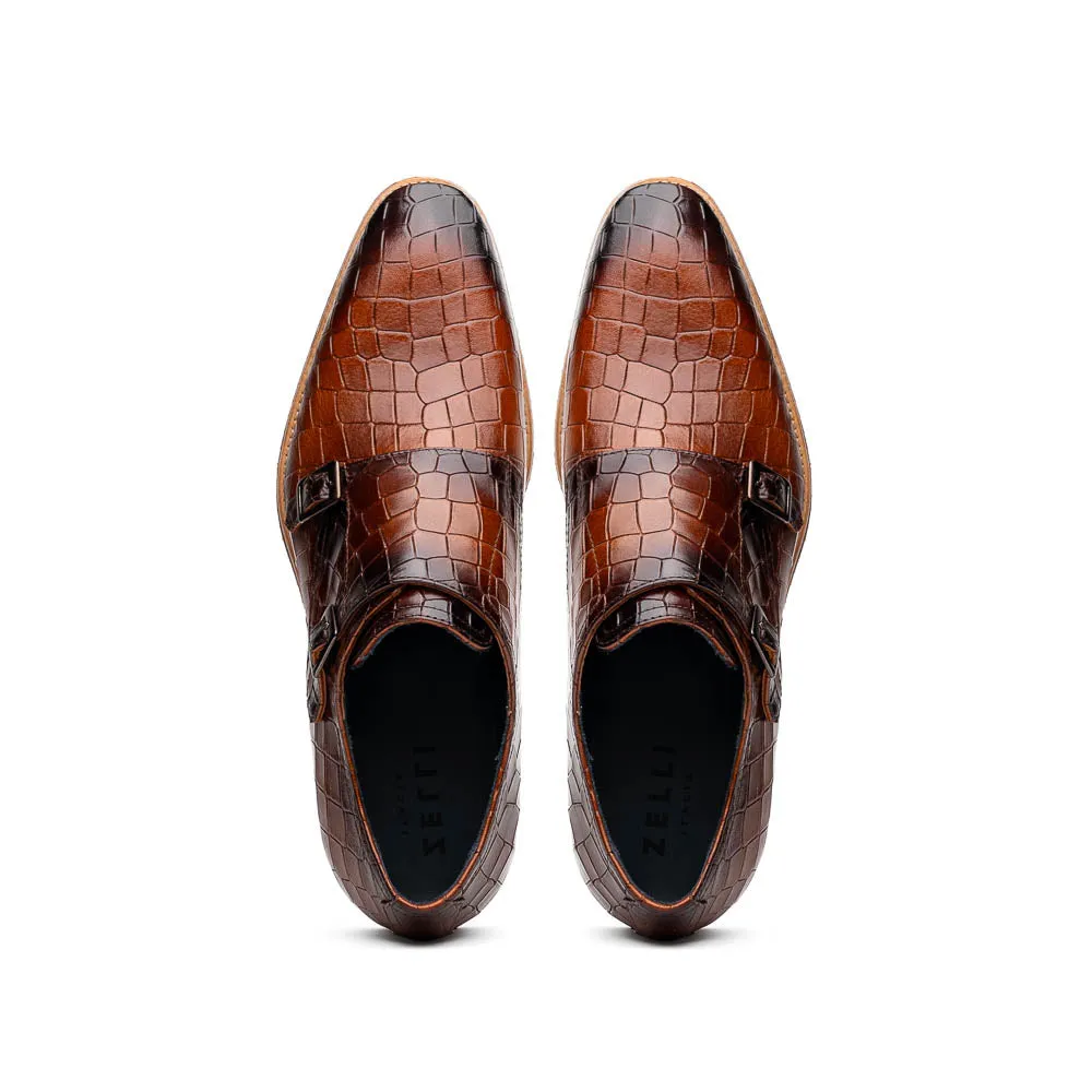 55-112-CGN LEGERRA Hand Burnished Crocodile Print Monkstrap Cognac Japan Neat