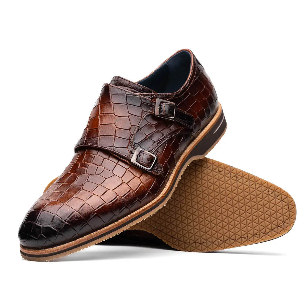 55-112-CGN LEGERRA Hand Burnished Crocodile Print Monkstrap Cognac Gloss Grain