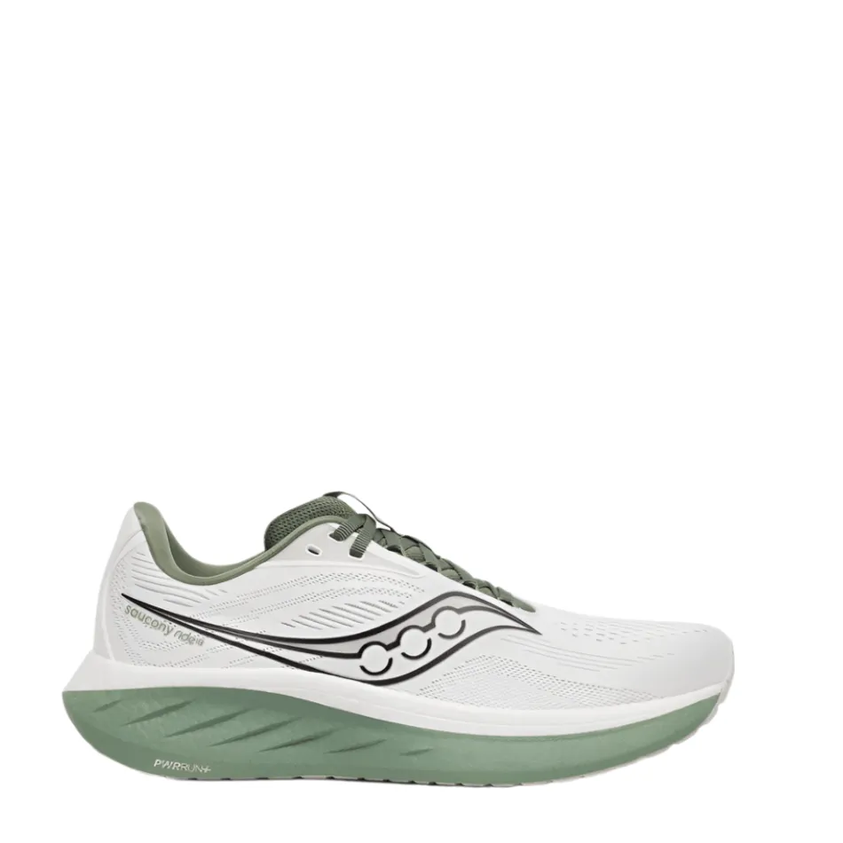 Saucony Men's Ride 18 Running Shoes in White/Olivine SS25 thick - sole shoes Amazing flexibility