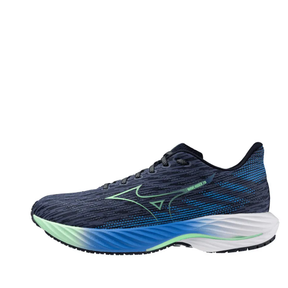 Mizuno Men's Wave Rider 28 Running Shoes in Vintage Indigo/Neo Mint/Frontier Blue SS25 Toe Protection dance - shoes