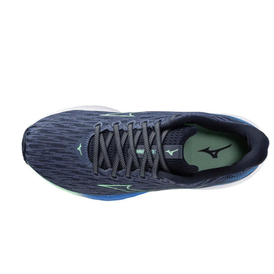 kids' size Mizuno Men's Wave Rider 28 Running Shoes in Vintage Indigo/Neo Mint/Frontier Blue SS25