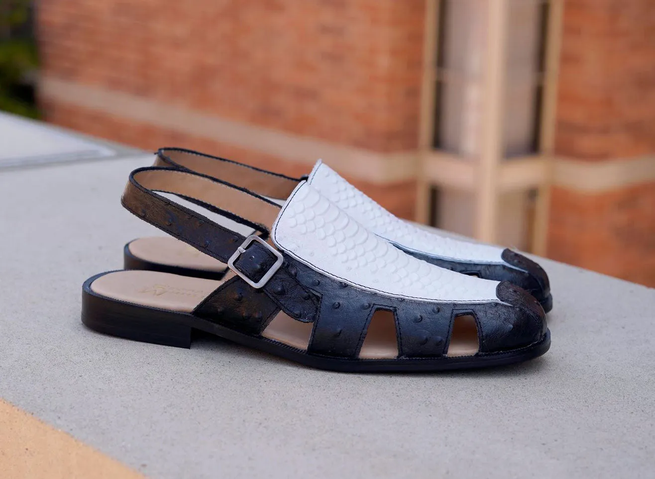 Urban Chill Maurice Embossed Calfskin Slip-On Back-Strap Sandal Black/White