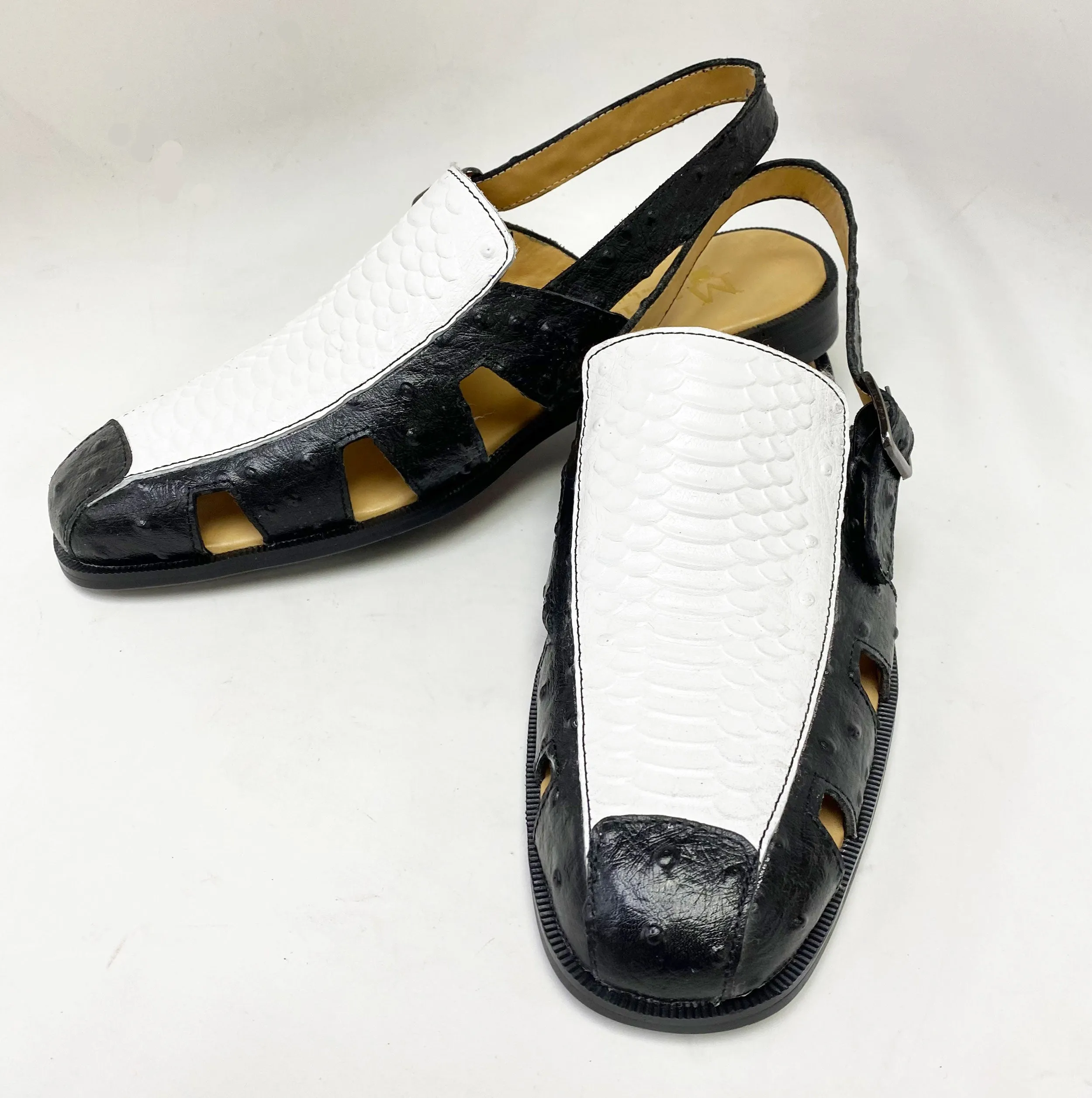 Maurice Embossed Calfskin Slip-On Back-Strap Sandal Black/White Walking