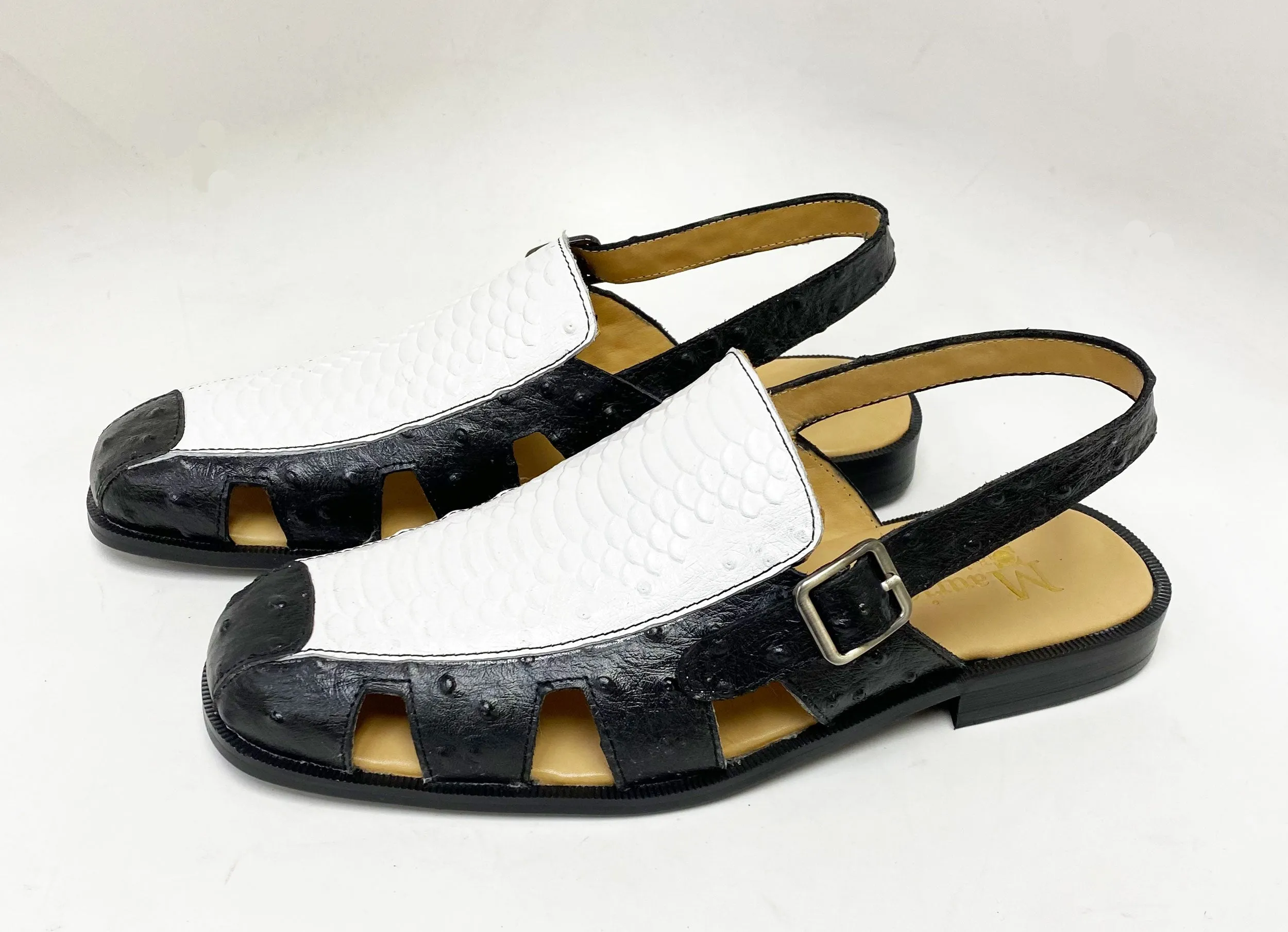 Maurice Embossed Calfskin Slip-On Back-Strap Sandal Black/White Pure Black