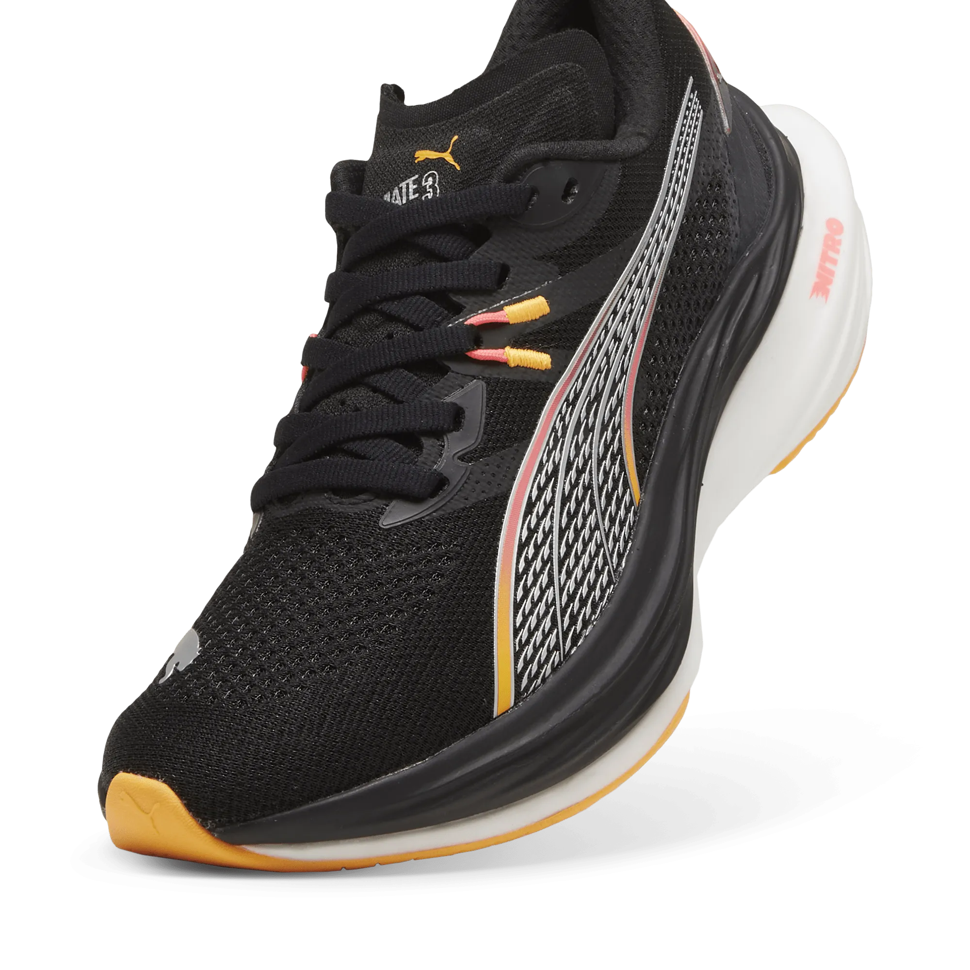 gradient running gear toe box support Puma Women's Deviate Nitro 3 Running Shoes in Black/Sunset Glow/Sun Stream AW24