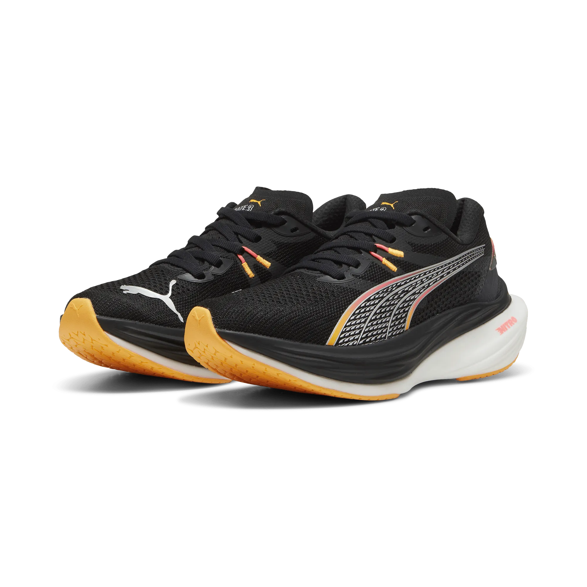 Buckle Closure Toe Flex Puma Women's Deviate Nitro 3 Running Shoes in Black/Sunset Glow/Sun Stream AW24