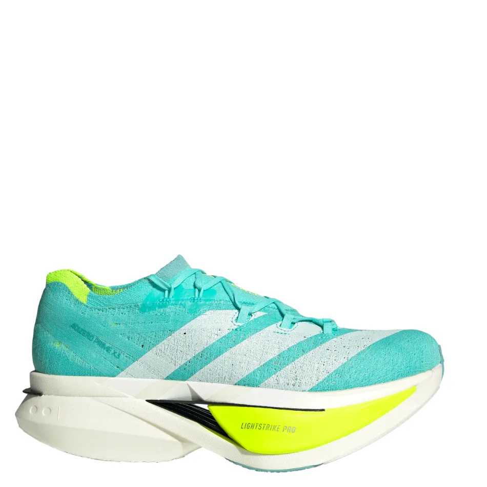 Adidas Unisex Adizero Prime X3 Strung Running Shoes in Flash Aqua/Zero Metalic/Lucid Lemon AW25 Recovery Walk