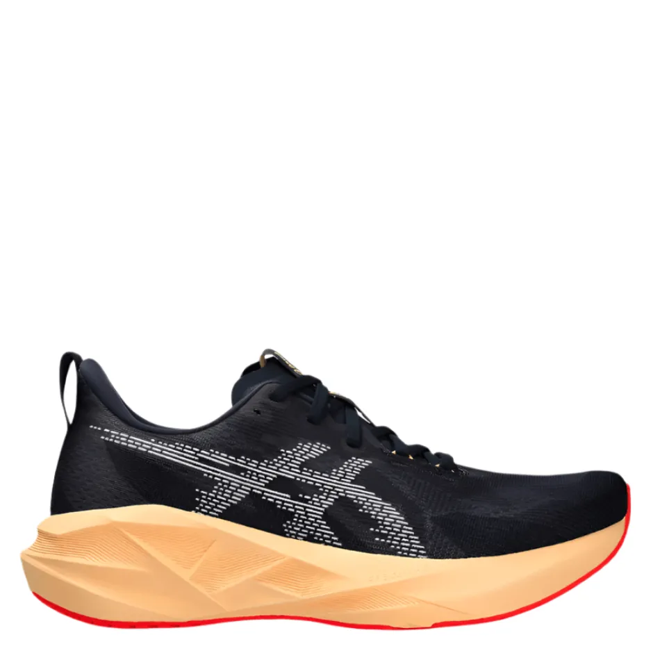 ASICS Men's NOVABLAST 5 Running Shoes in Midnight/Orange Glow AW25 running in a rope bridge area shoes running - motivation