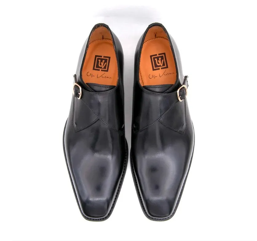 Comfortable Standing Embossed Patterns "Edward Sr." Burnished Calfskin Monkstrap Shoe Black
