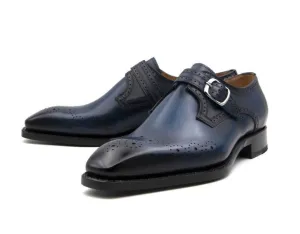 "Eric" Burnished Calfskin Monkstrap Shoe Blue Romantic Night