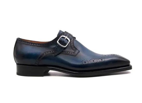 "Eric" Burnished Calfskin Monkstrap Shoe Blue Professional Wear Occasion Sharp
