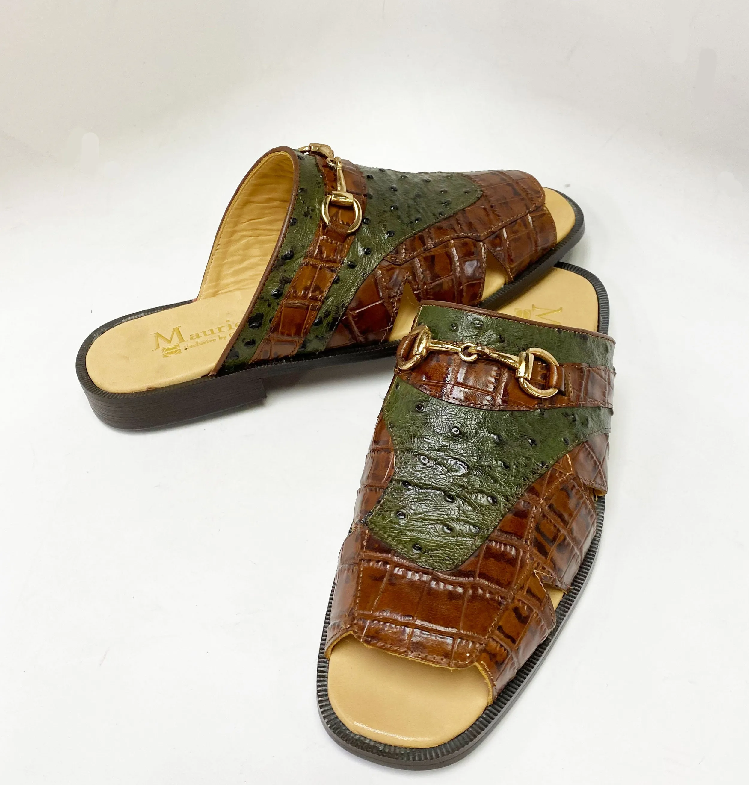 Maurice Embossed Calfskin Slip-On Sandal Brown/Olive Moisture wicking