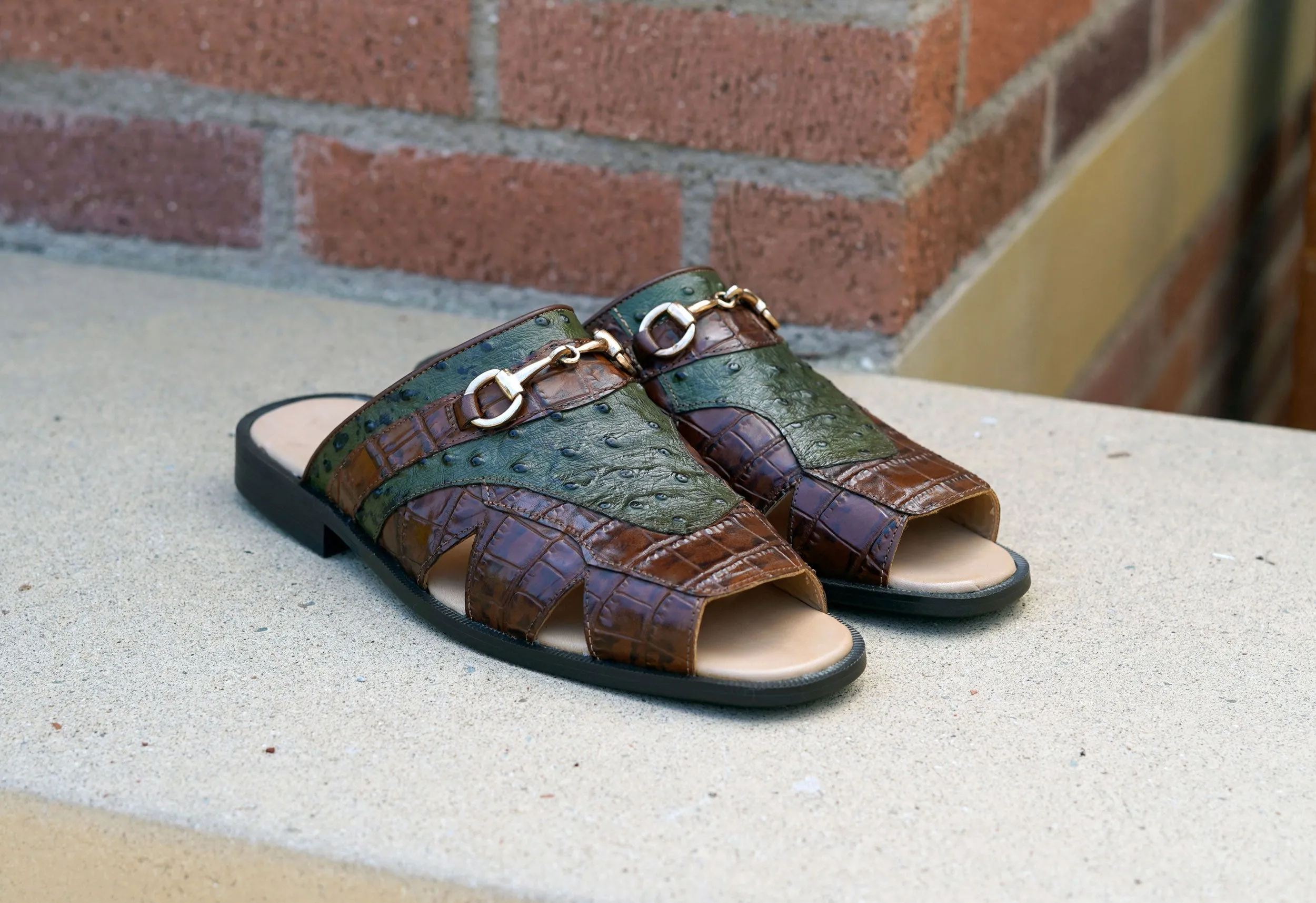 Secure Desert Path Maurice Embossed Calfskin Slip-On Sandal Brown/Olive