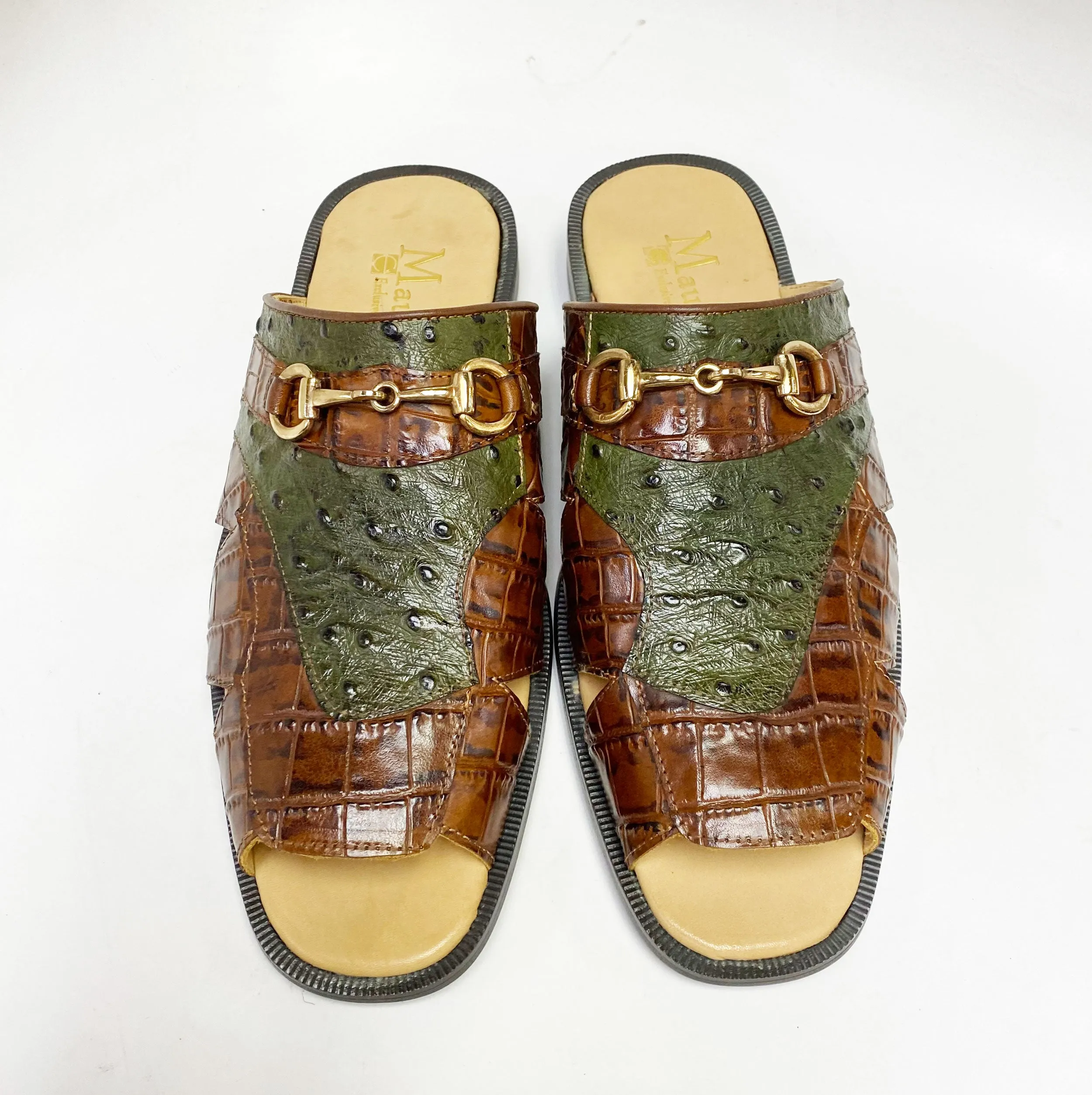 Maurice Embossed Calfskin Slip-On Sandal Brown/Olive White Clean Leather