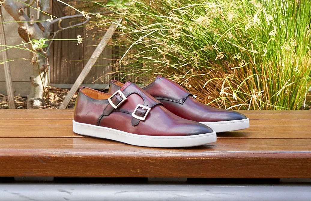 Calfskin Double Monkstrap Shoe Burgundy Contrast Stitch Foot Hug