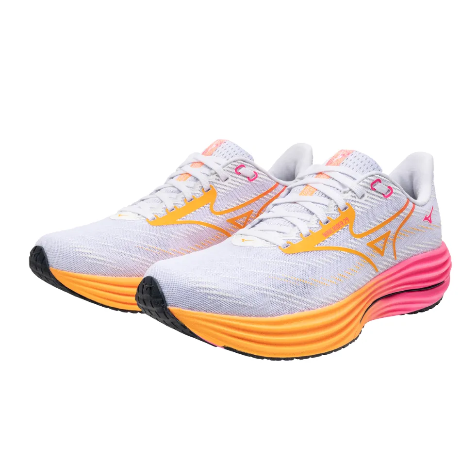 Mizuno Unisex Wave Rider 29 Running Shoes in White/Tang Orange/Pink Tetra AW25 running for a way to stay successful neutral - pronation