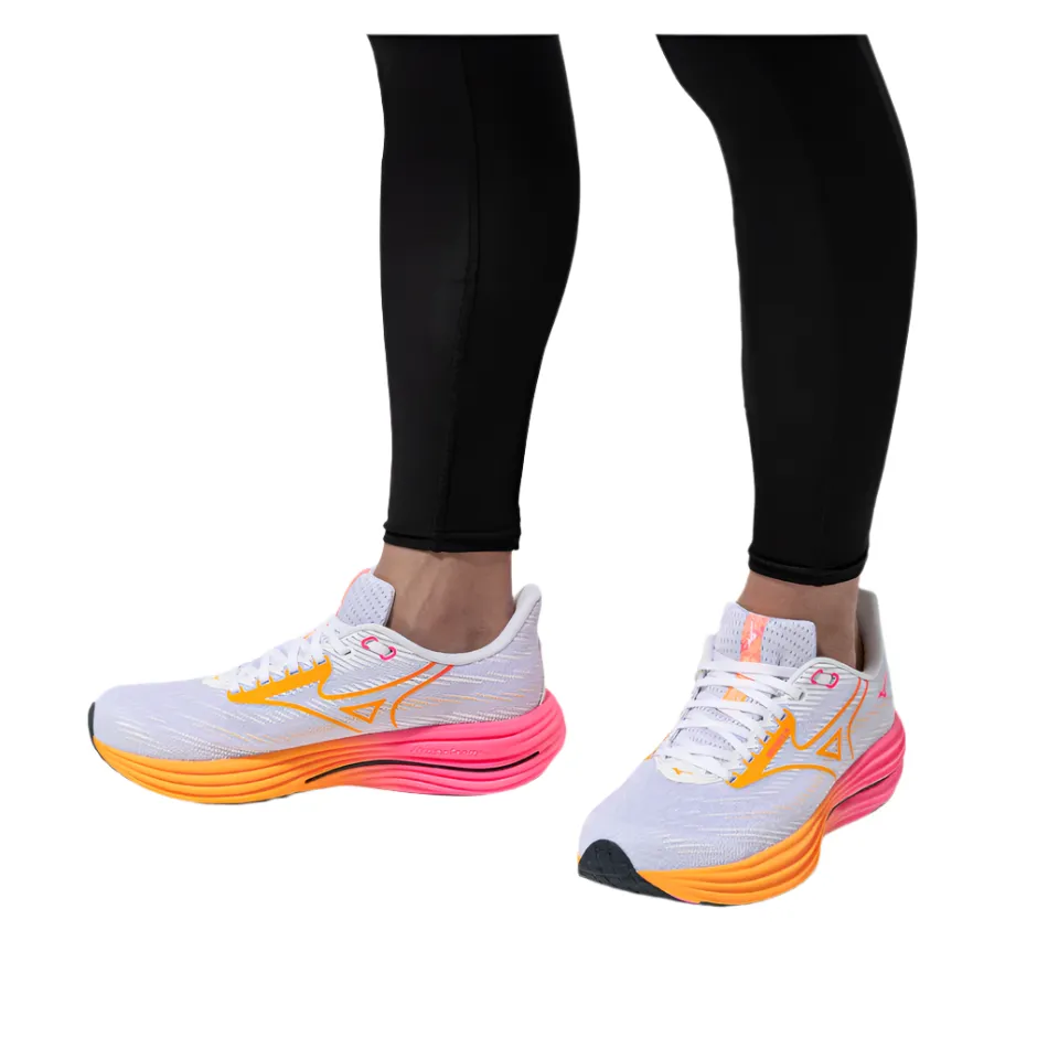Mizuno Unisex Wave Rider 29 Running Shoes in White/Tang Orange/Pink Tetra AW25 hill training footwear